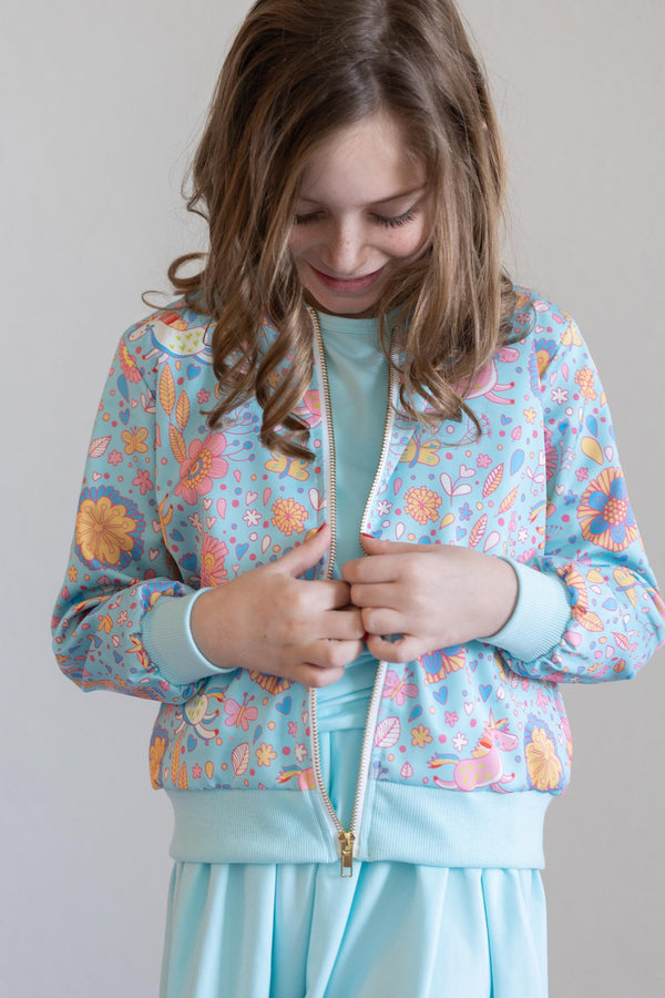 blue-retro-unicorns-satin-jacket Mila &  Rose - Sophia's Style-Blue Retro Unicorns Satin Jacket-2T--1